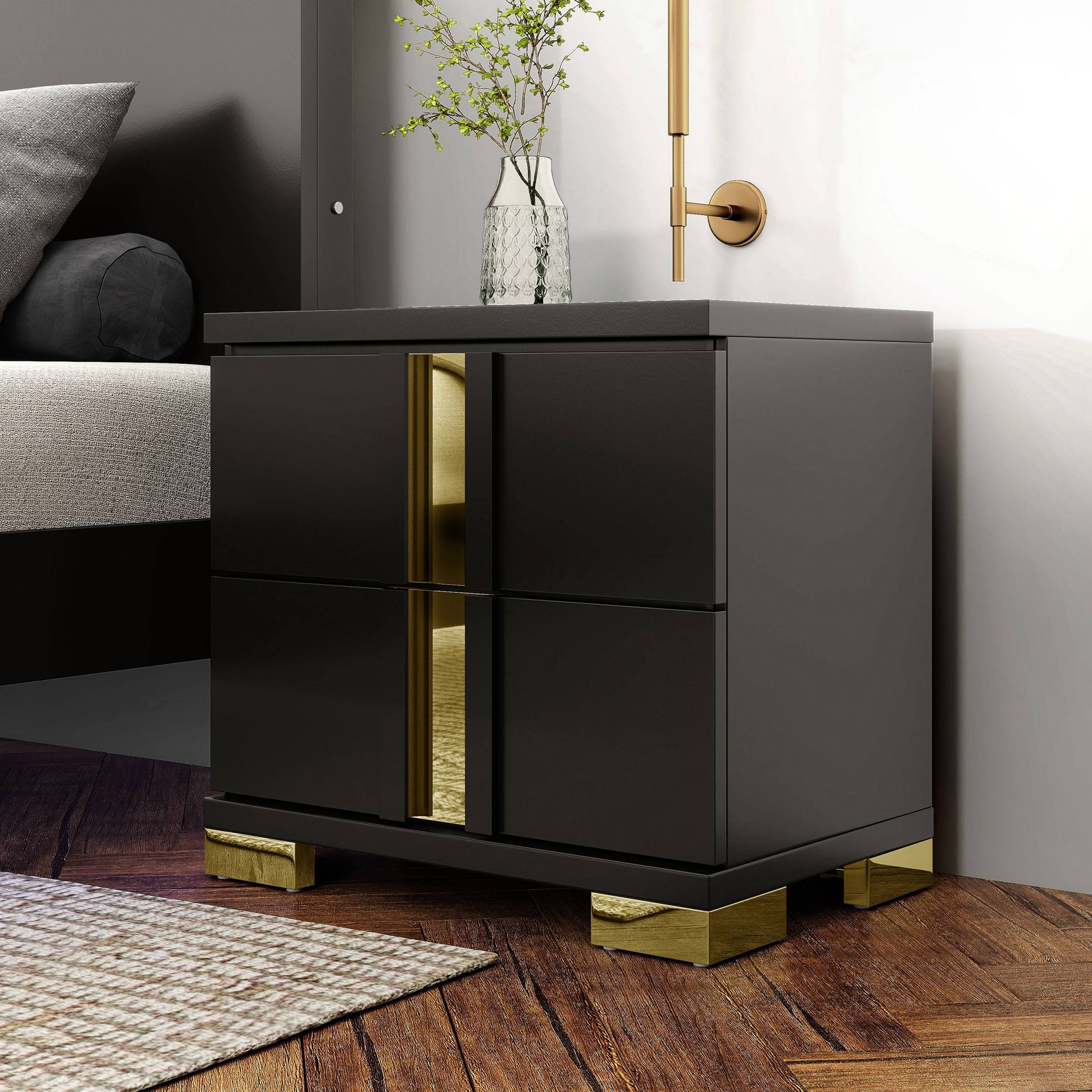 Furniture of America Black/Gold Rubberwood 2 -Drawer 23-in W x 22-in H Modern Nightstand one_size | IDF-N7217BK-N | Lowe's