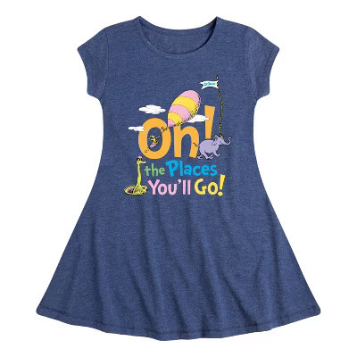 Girls' Dr. Seuss Oh! The Places You'll Go Fit & Flair Cap Sleeve Graphic Dress - Heather Navy - Small | Target