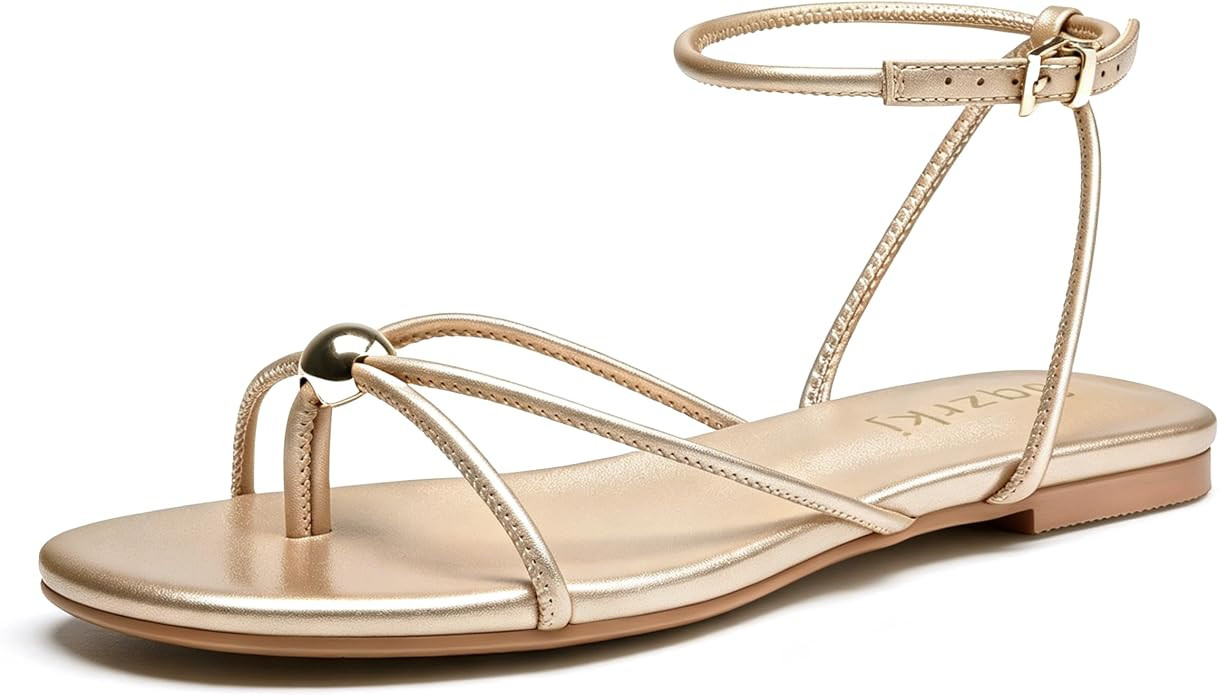 Strappy Flat Sandals for Women Comfortable Open Toe Ankle Strap Thong Sandals Summer Beach Dressy... | Amazon (US)