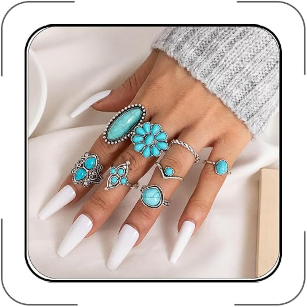 Turquoise Rings for Women Bohemian Turquoises Ring Set Vintage Western Rings for Finger Stackable... | Amazon (US)