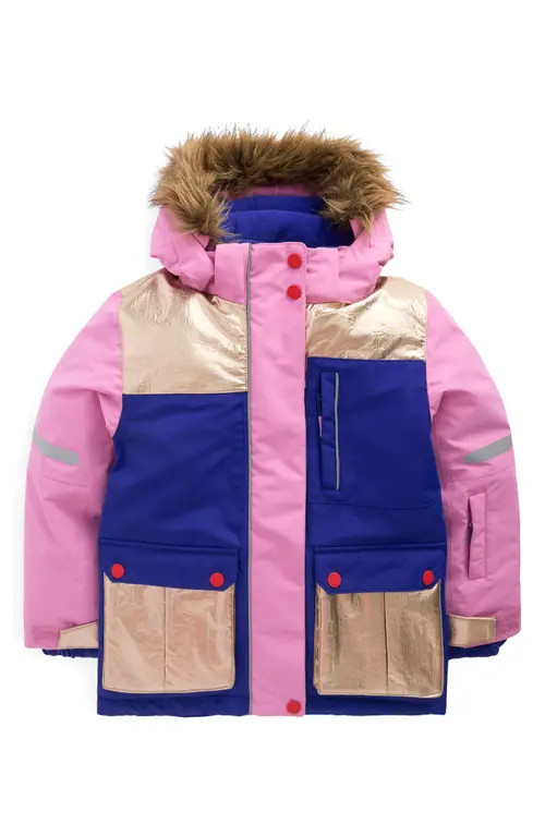 Mini Boden Kids' All Weather Faux Fur Trim Hooded Waterproof Coat in Pink Metallic Colourblock at Nordstrom, Size 5-6Y | Nordstrom