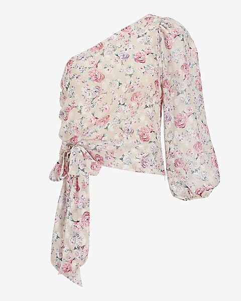 Floral One Shoulder Puff Sleeve Tie Waist Top | Express