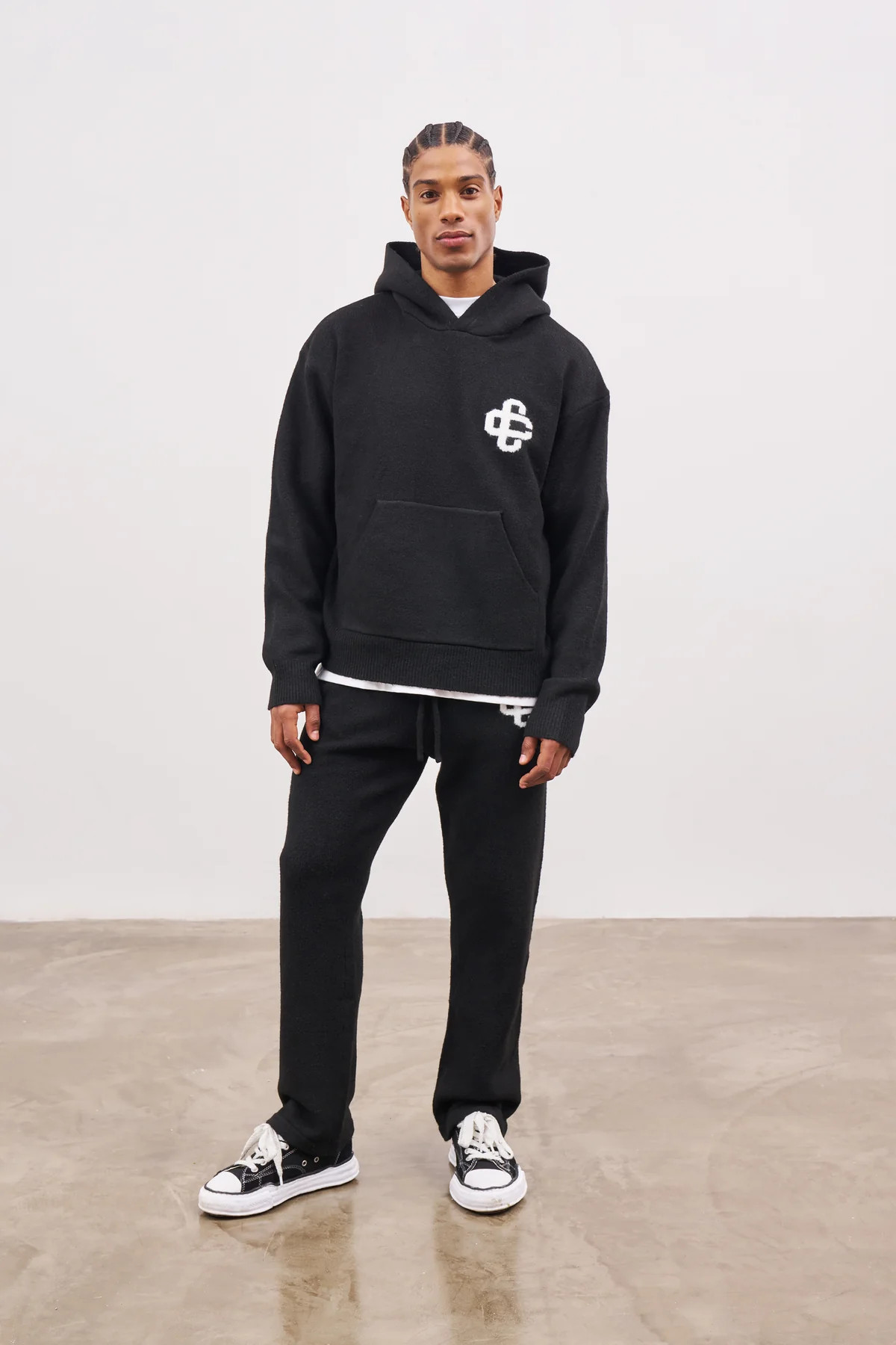 FLUFFY KNIT EMBLEM JOGGERS - BLACK | The Couture Club