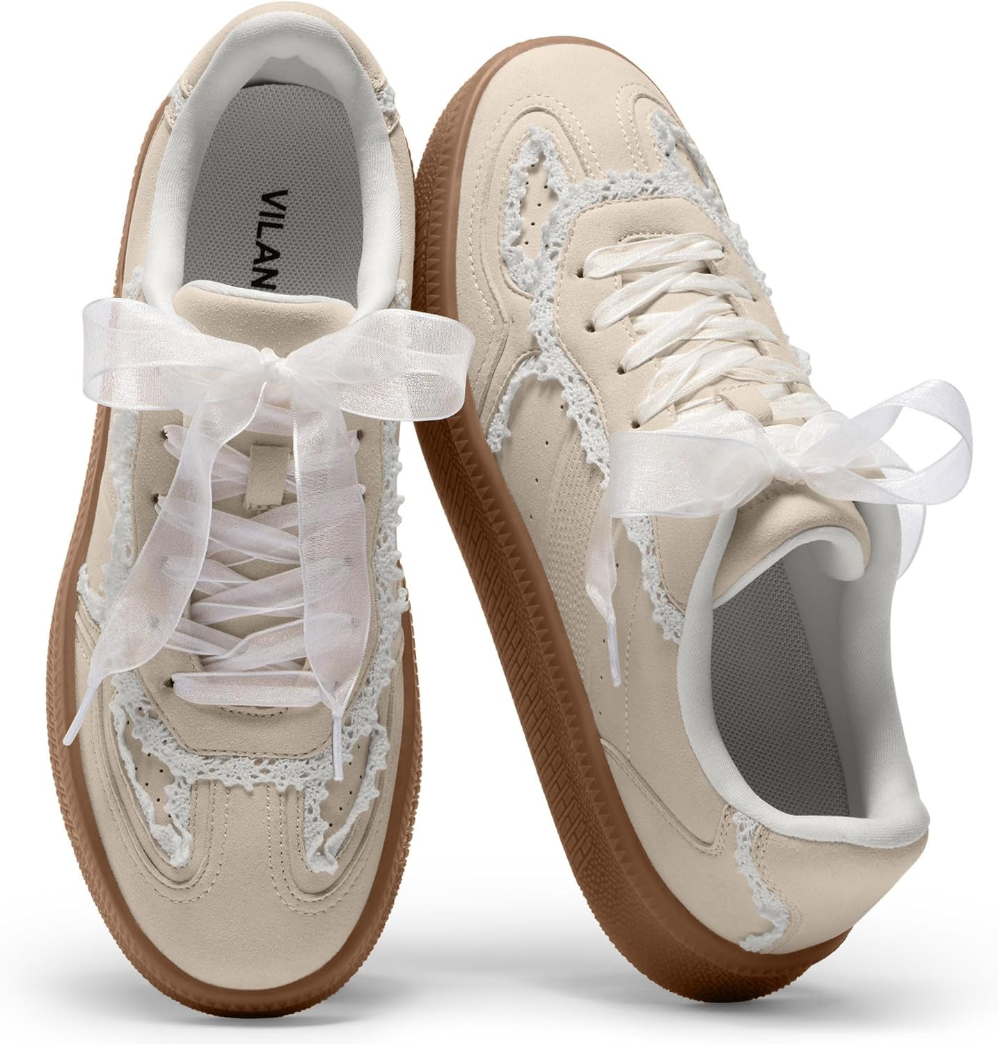 Vilanva Women's Lace Detail Fashion Sneakers Comfortable Casual Dress Sneakers with Retro Gum Sole Walking Trendy Footwear | Amazon (US)