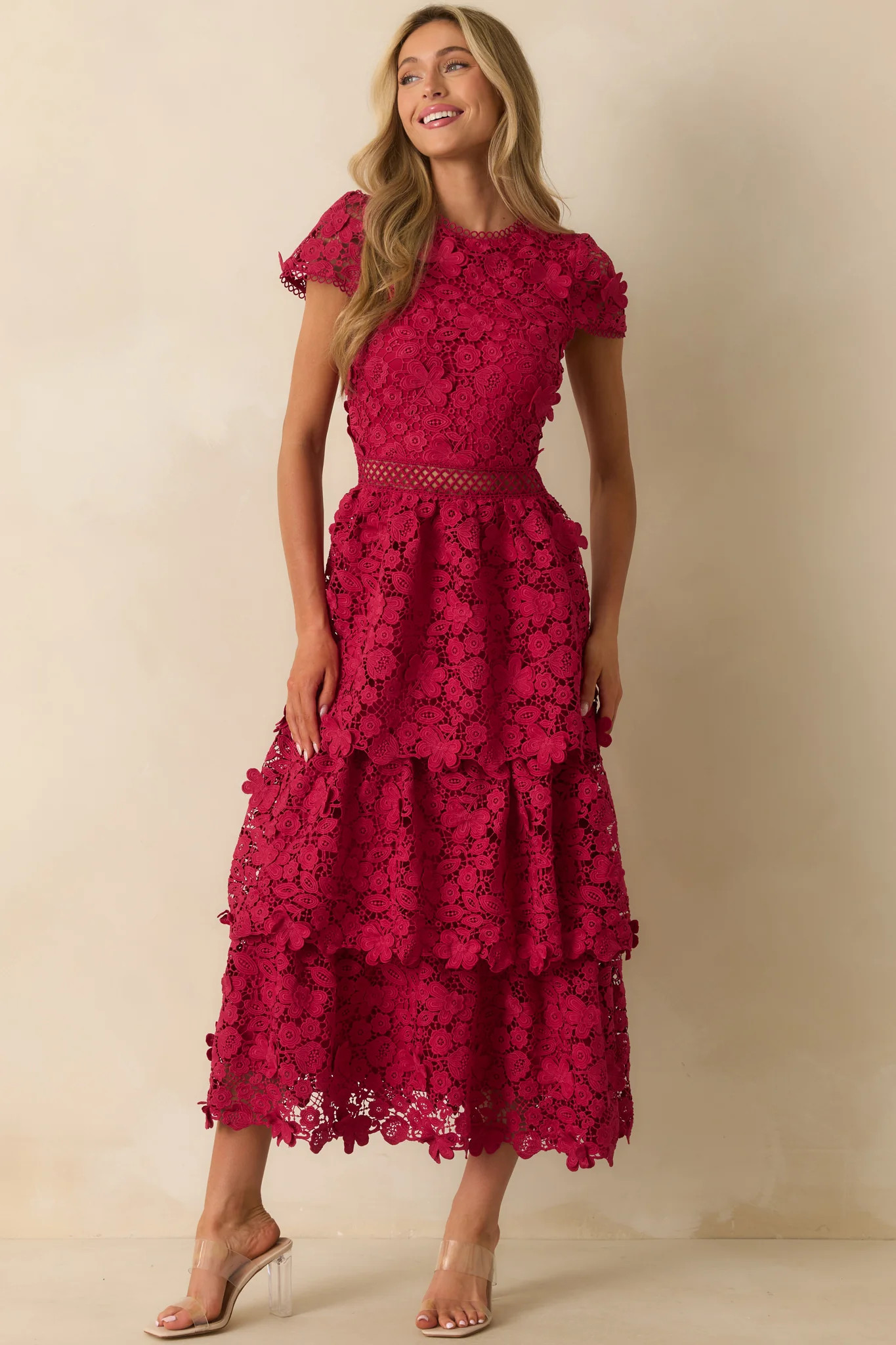 A Matter Of Time Red Floral Guipure Lace Tiered Maxi Dress | Red Dress