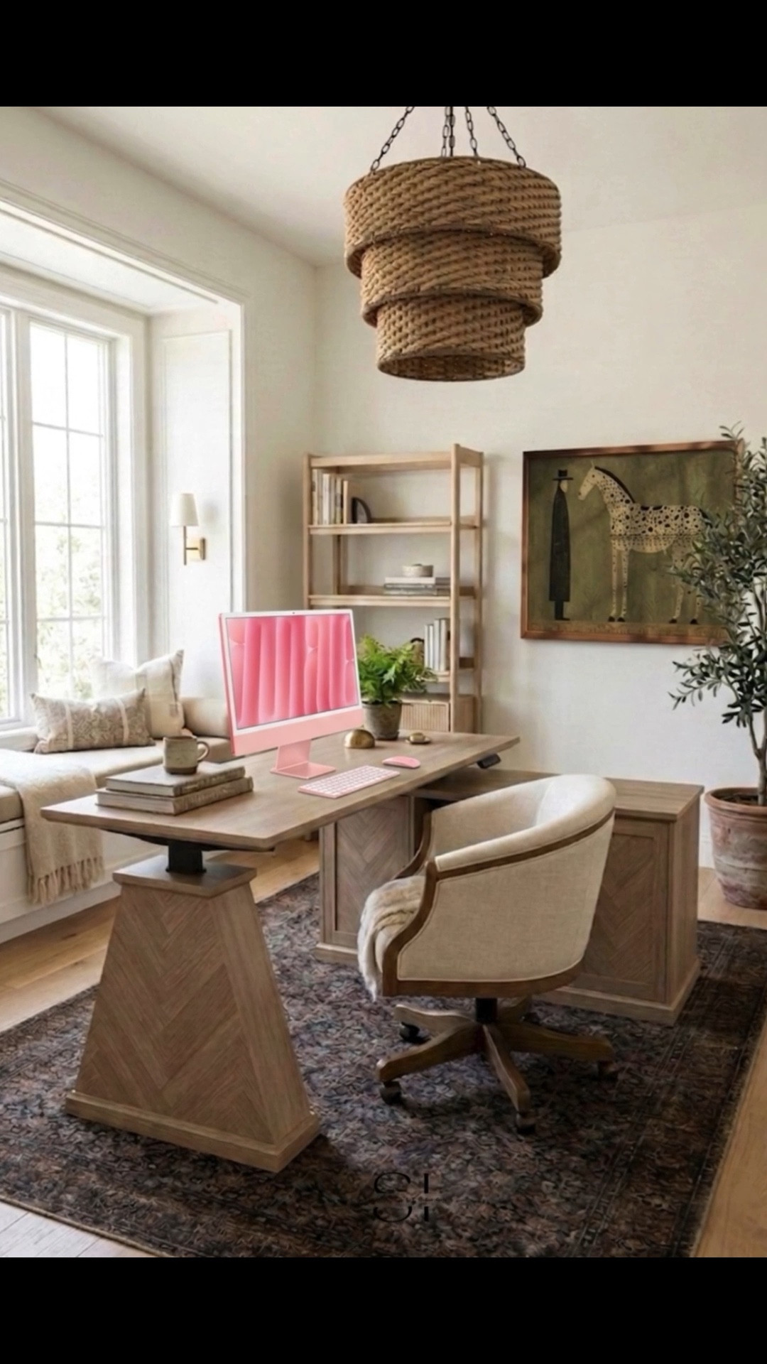 Organic Modern Home Office, Herringbone Wood Desk, Pink iMac Setup, Woven Tiered Chandelier, Traditional Medallion Rug, Neutral Home Decor, Linen Upholstered Desk Chair, Faux Olive Tree, Transitional Workspace, Office Gallery Art

#LTKHome