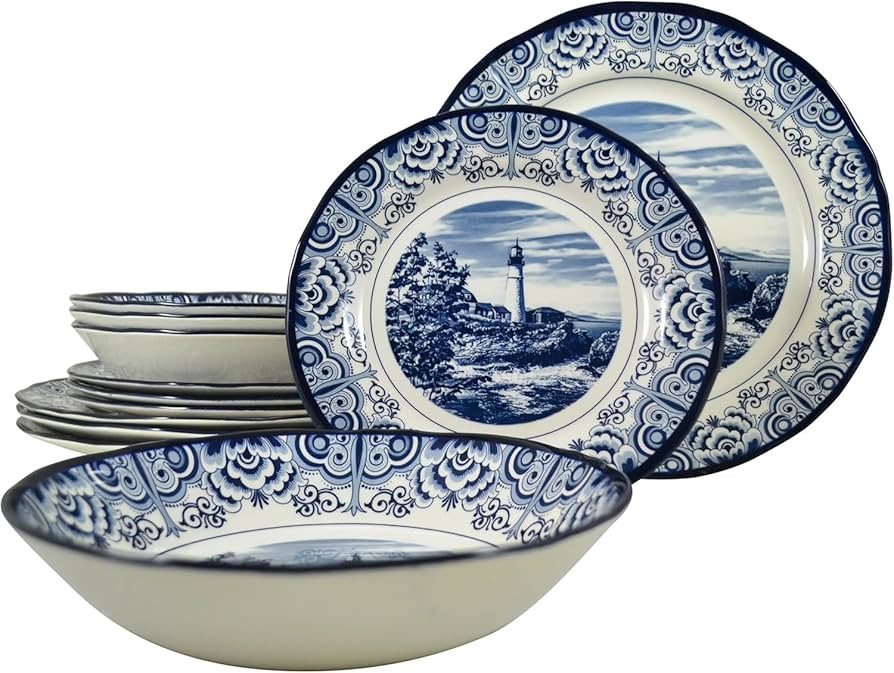 Tudor Royal 12-Piece Round Porcelain Dinnerware Set, Service for 4 - Light House Dark Blue Design... | Amazon (US)