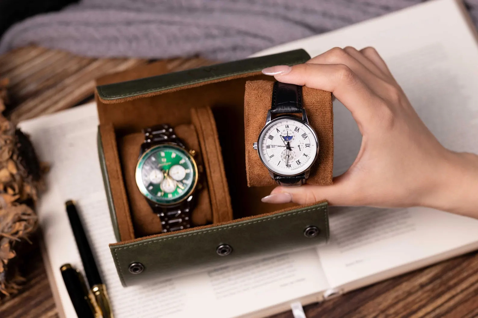 Personalized Leather Watch Box, Green Leather Watch Case, Watch Roll for 3 Watches, Wedding Groom... | Etsy (US)