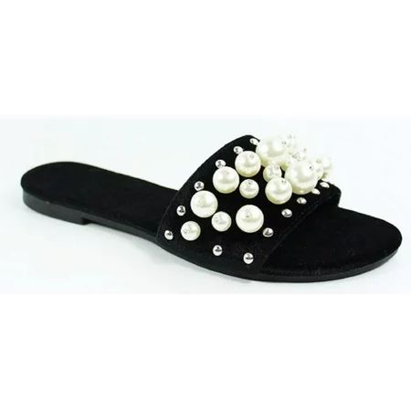 Dori-45 Women Flip Flop Pearl Slide Slip On Flat Sandal Shoe Slipper Black | Walmart (US)