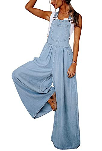 Mywinway Womens Denim Bib Overalls Adjustable Strap Loose Fit Overalls Baggy Wide Leg Jeans Jumpsuits (LightBlue, L) | Amazon (US)