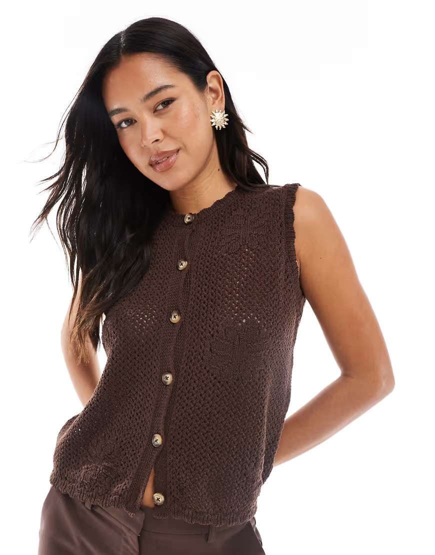 ASOS DESIGN knitted button down top with flower open stitch in brown - BROWN | ASOS (Global)