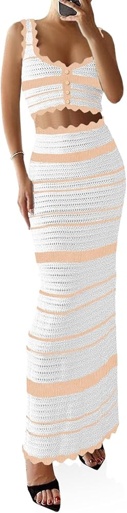 Saodimallsu Womens 2 Piece Sets Summer Striped Crochet Knit Coverup Sleeveless Button Crop Tank T... | Amazon (US)
