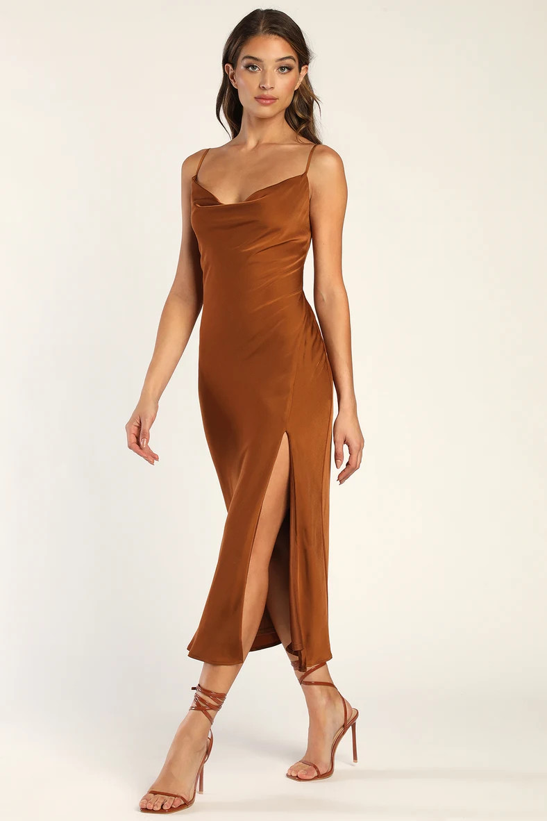 Romance Starter Brown Satin Cowl Neck Midi Slip Dress | Lulus (US)