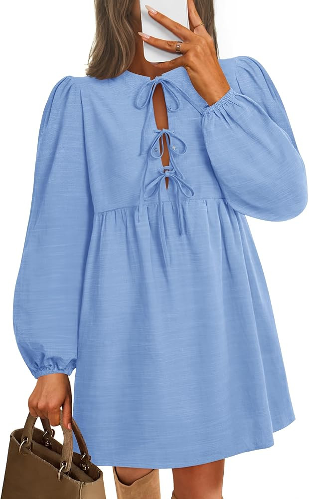 ZESICA Women's Dress Fall Long Puff Sleeve Self Tie Front Babydoll A Line Pleated Cute Mini Tunic... | Amazon (US)