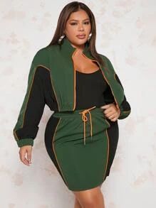 SHEIN SXY Plus Colorblock Contrast Binding Jacket & Drawstring Waist Skirt SKU: sf221020331333734... | SHEIN