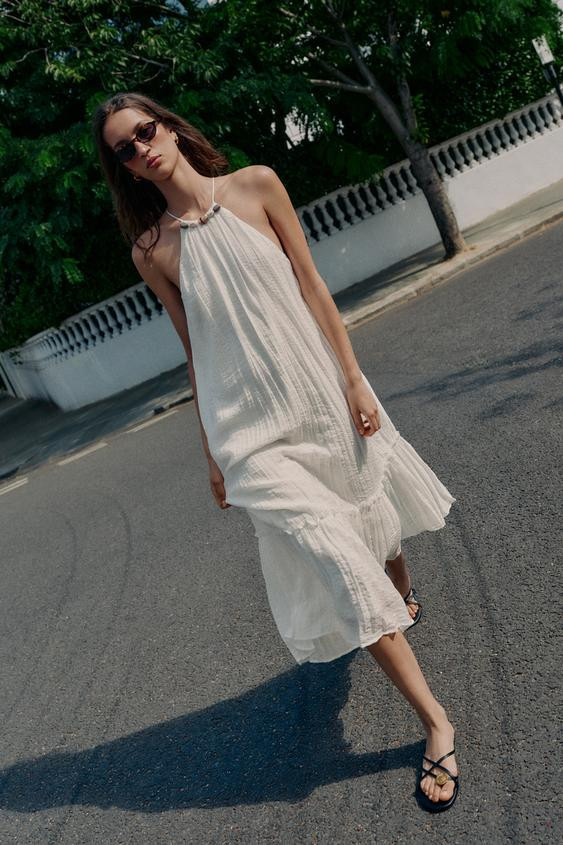 Zara - Beaded Wrinkle-Effect Midi Dress - Ecru - Xl - Woman | Zara US