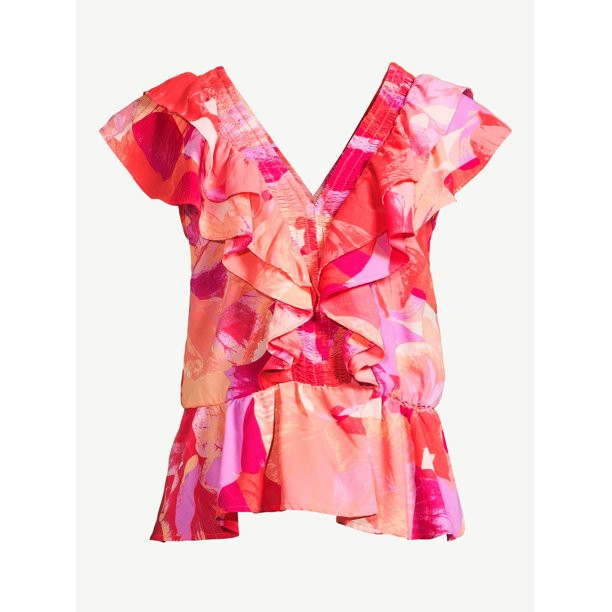 Sofia Jeans by Sofia Vergara Women's Smocked Ruffle Top with Short Sleeves | Walmart (US)