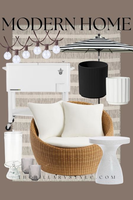 Modern Home: neutral outdoor furniture and decor finds for the modern organic home. Outdoor lounge chair, outdoor chair, patio chair, deck chair, cooler, outdoor cooler, striped umbrella, outdoor umbrella, outdoor string lights, black planter, white planter, outdoor planters, outdoor table, beverage dispenser, plastic outdoor glasses, outdoor are rug. Pottery Barn, Target, Walmart, Crate & Barrel, Wayfair.

#LTKhome #LTKSeasonal #LTKstyletip