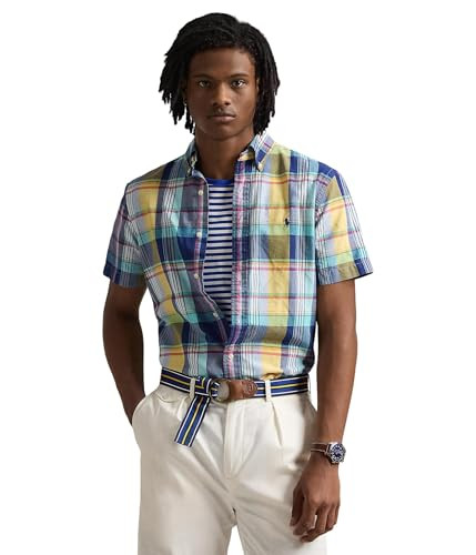 POLO RALPH LAUREN, Mens, Classic Fit Plaid Oxford Shirt, Navy/Yellow Multi, Medium | Amazon (US)
