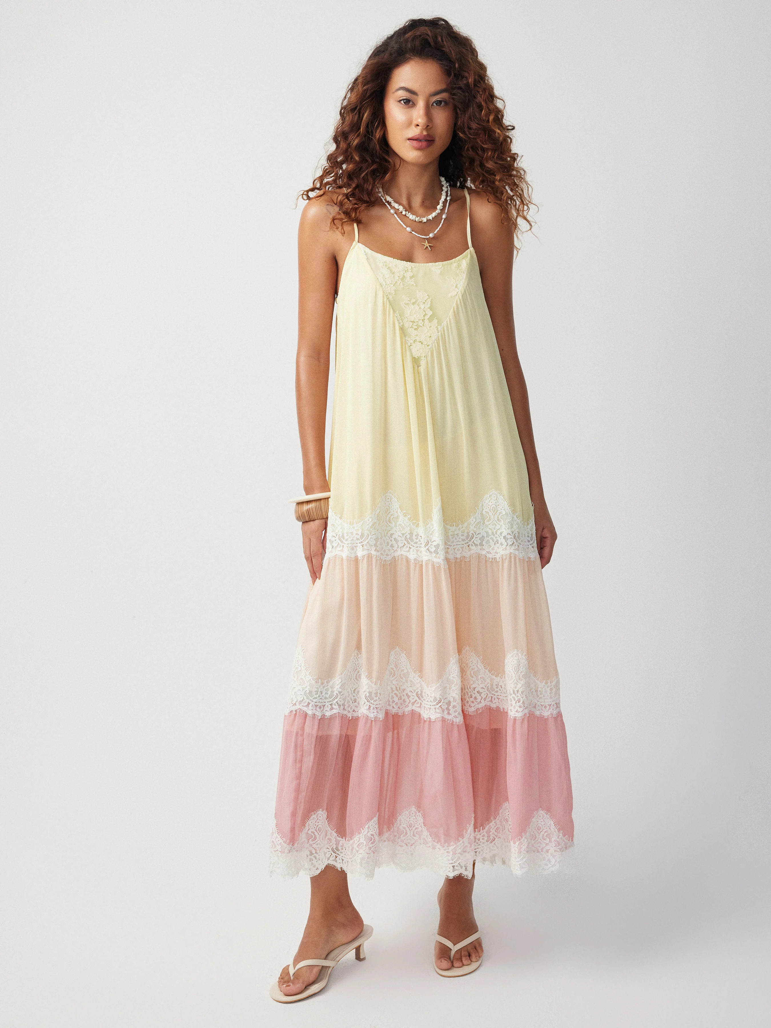 Chiffon Textured Chiffon Colorblock Square Neck Lace Panel Oversized Flared Maxi Dress For Picnic Vacation | Cider