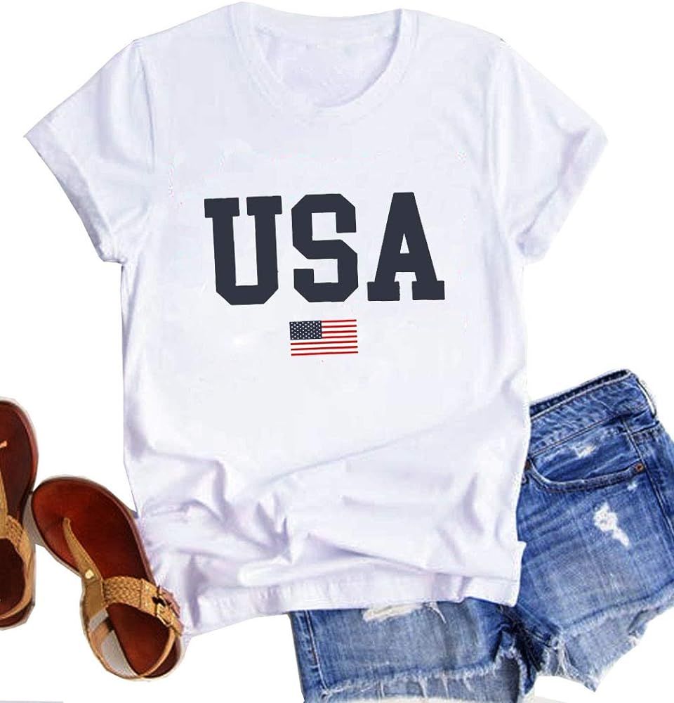 USA Flag Tee Shirt for Women 4th of July Memorial Day Gift T Shirt Casual Short Sleeve American Prou | Amazon (US)