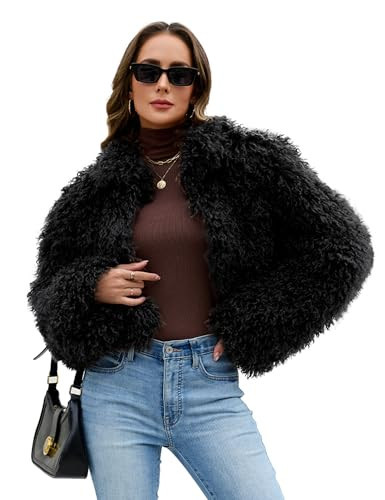 FIOPHY Womens Faux Fur Cropped Coats Fuzzy Long Sleeve Stand Collar Winter Jacket Open Front Cardigan Top Fluffy Warm Outwear Black XS | Amazon (US)