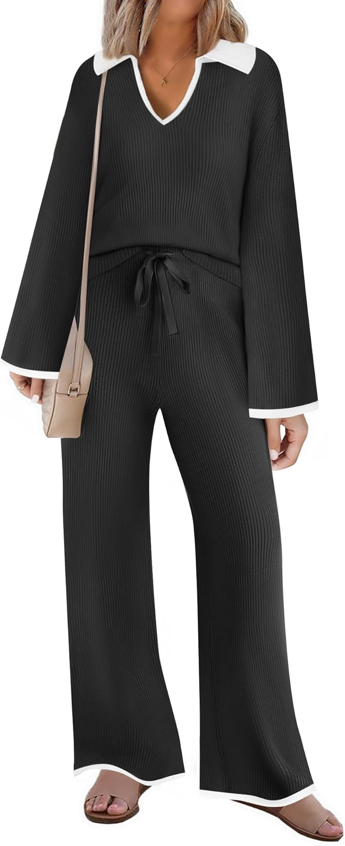 ZESICA Women's Two Piece Thin Sweater Lounge Sets 2024 Fall Winter Oversized Knit Pullover Wide L... | Amazon (US)