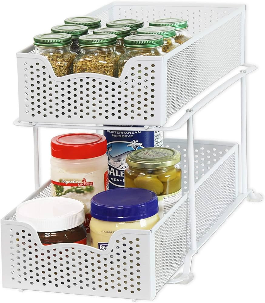 Simple Houseware 2 Tier Sliding Cabinet Basket Organizer Drawer, White | Amazon (US)