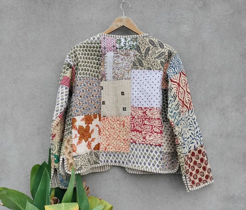 Cotton Patch Work Jacket Quilted Kantha Coat Front Pocket Handmade Vintage Quilted Jacket , Coats... | Etsy (US)
