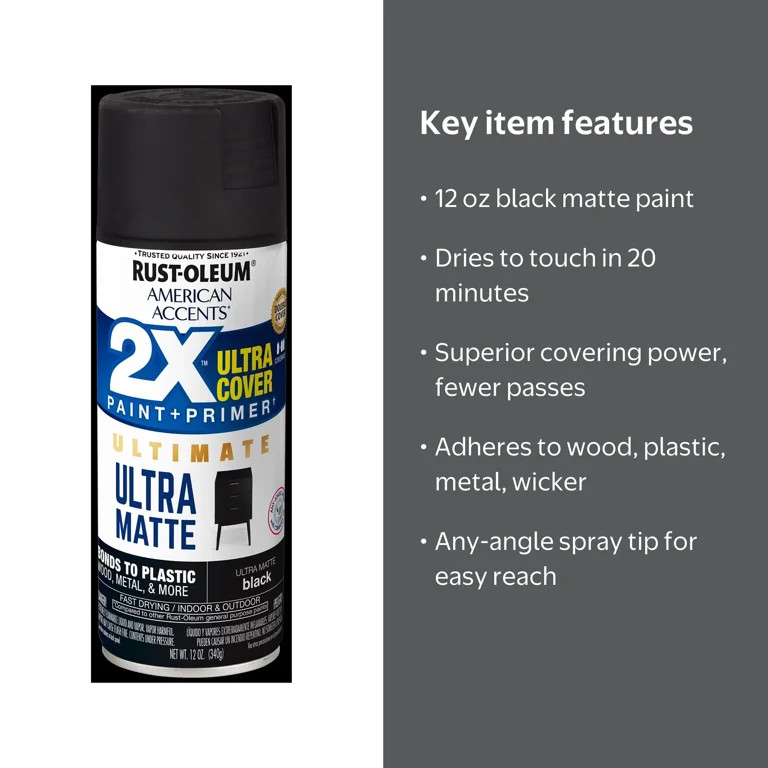 Black, Rust-Oleum American Accents 2X Ultra Cover Matte Spray Paint-328392, 12 oz | Walmart (US)