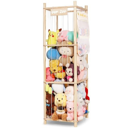 TOPHDY Stuffed Animal Storage Organizer, Large Wooden Zoo Toy Holder with Pockets, Plushie, Stuffy,Toy Storage for Kids Room, Playroom, Bedroom(Natural Large) | Amazon (US)