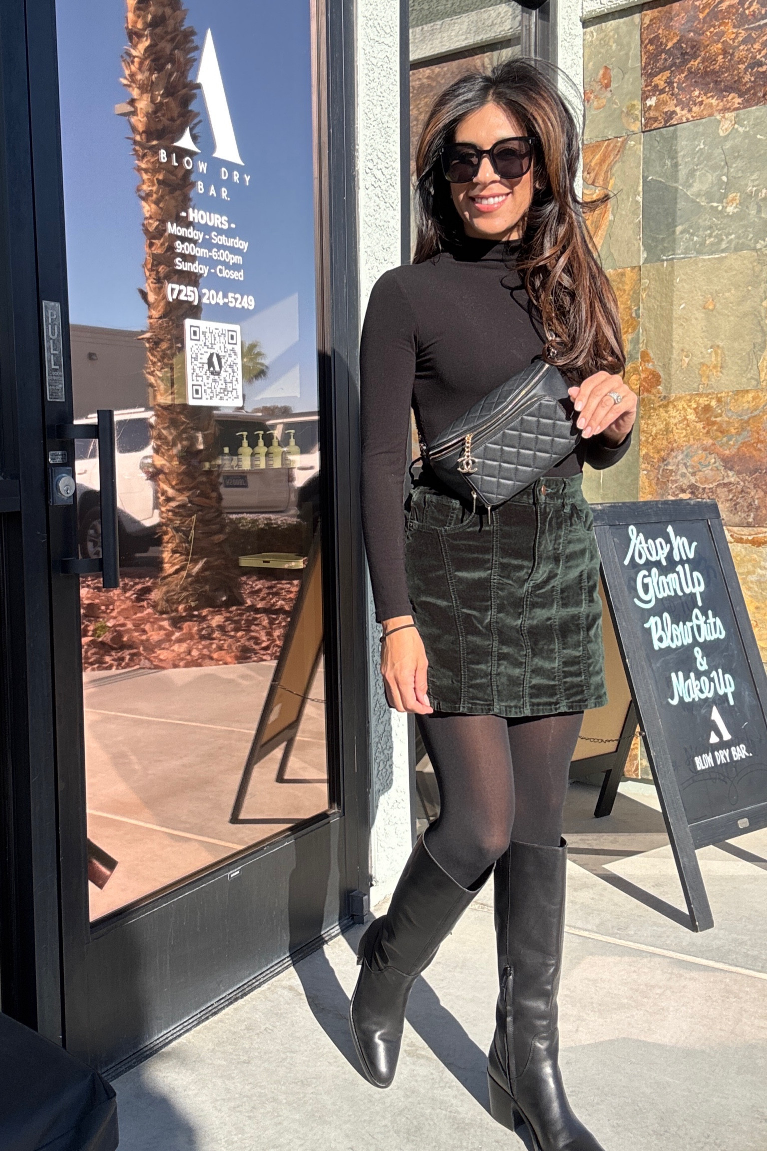 Effortlessly chic with an all-black moment ✨ Styling a forest green velvet mini skirt with classic tights, sleek knee-high boots, and my go-to Chanel fanny pack for a day of glam at @ABlowDryBar! Perfect way to embrace the Las Vegas winter vibes. 💇‍♀️🖤 #OOTD #VegasStyle #ChanelLover”

#LTKSaleAlert #LTKStyleTip #LTKSeasonal
