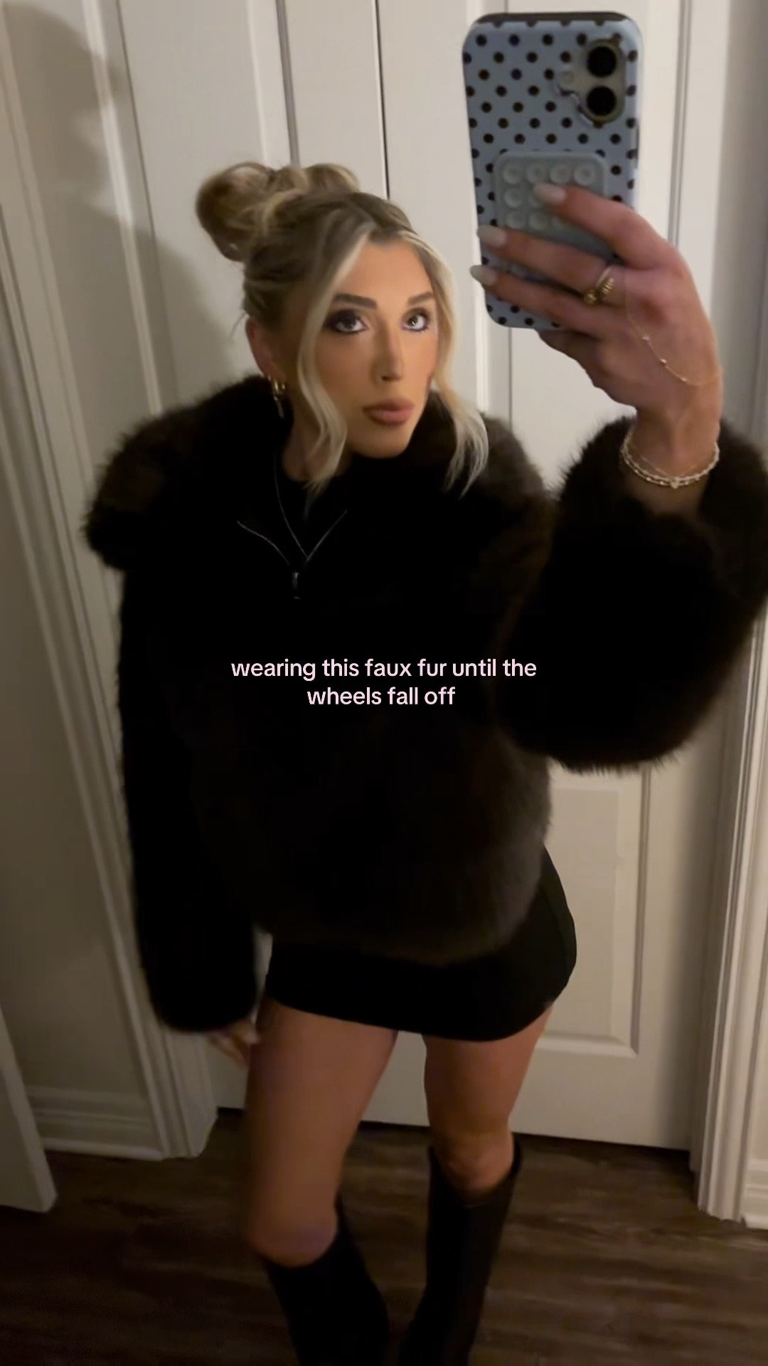 outfit of the night 🤎 black skort mini, black sleeveless turtleneck, black tall boots from Amazon and this Zara deep brown faux fur coat. found one nearly exact for HALF the price from Amazon!

#LTKootd #LTKgrwm