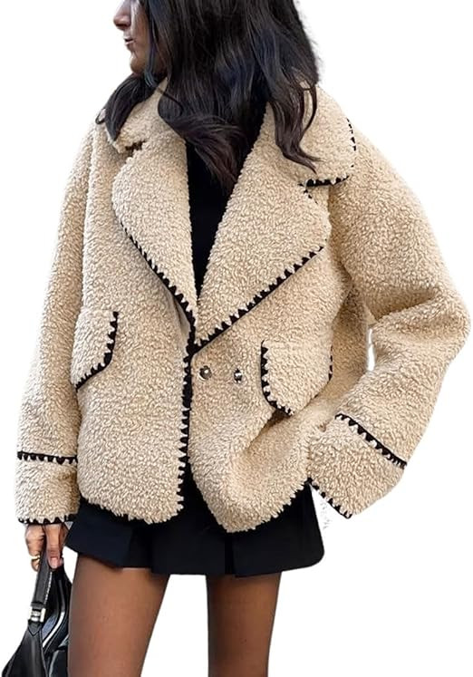 chouyatou Women's Winter Casual Embroidered Sherpa Jacket Notch Lapel Fuzzy Faux Fur Fleece Jacke... | Amazon (US)