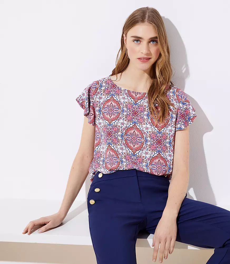 Floral Tile Double Bar Back Flutter Top | LOFT