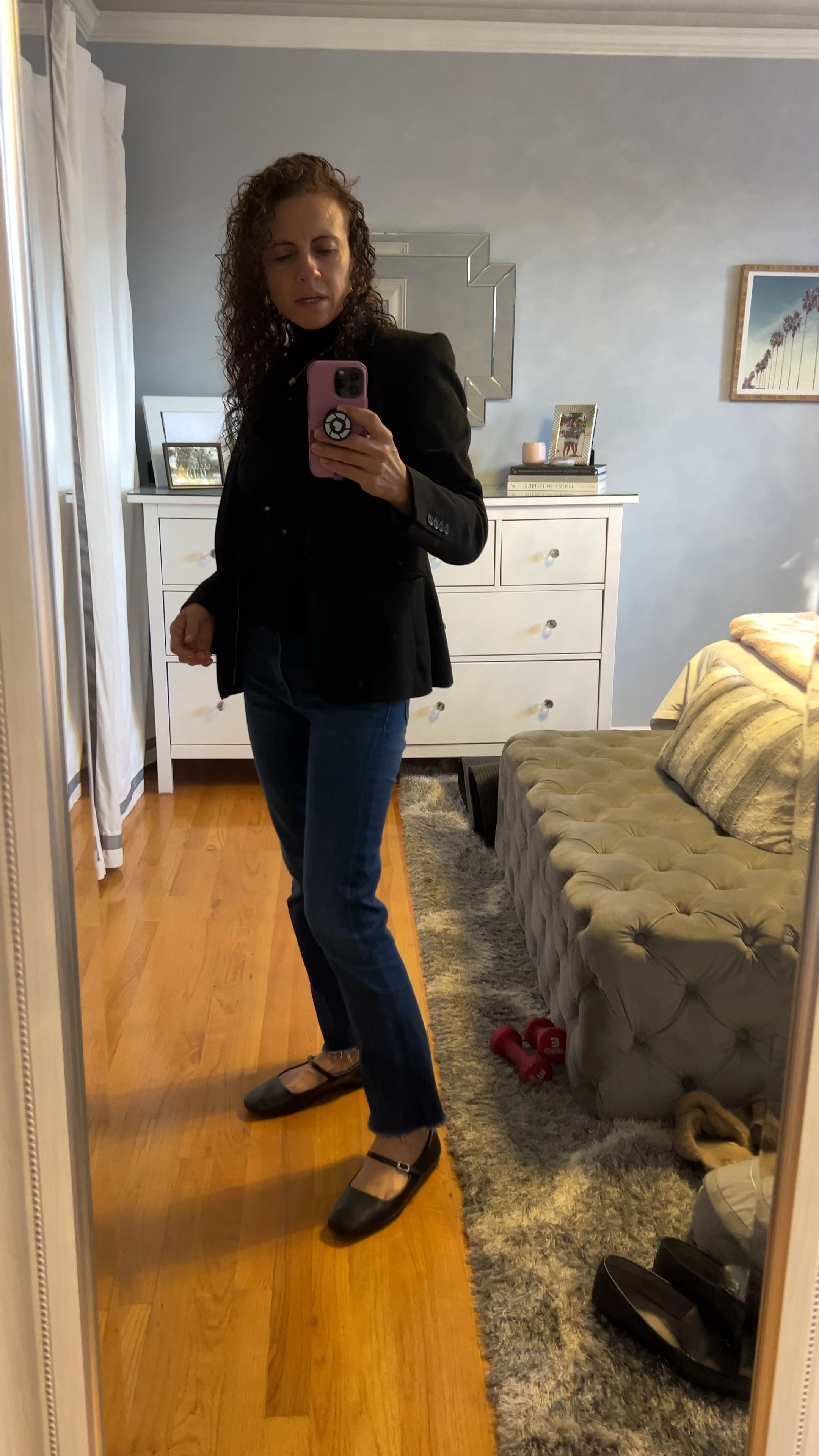 OOTD classic fall outfits, fashion look. Black turtleneck size small, blue jeans with raw hem size 26, with black blazer, black ballet flats, gold jewelry, black loafers look great too!

#LTKStyleTip #LTKVideo #LTKWorkwear