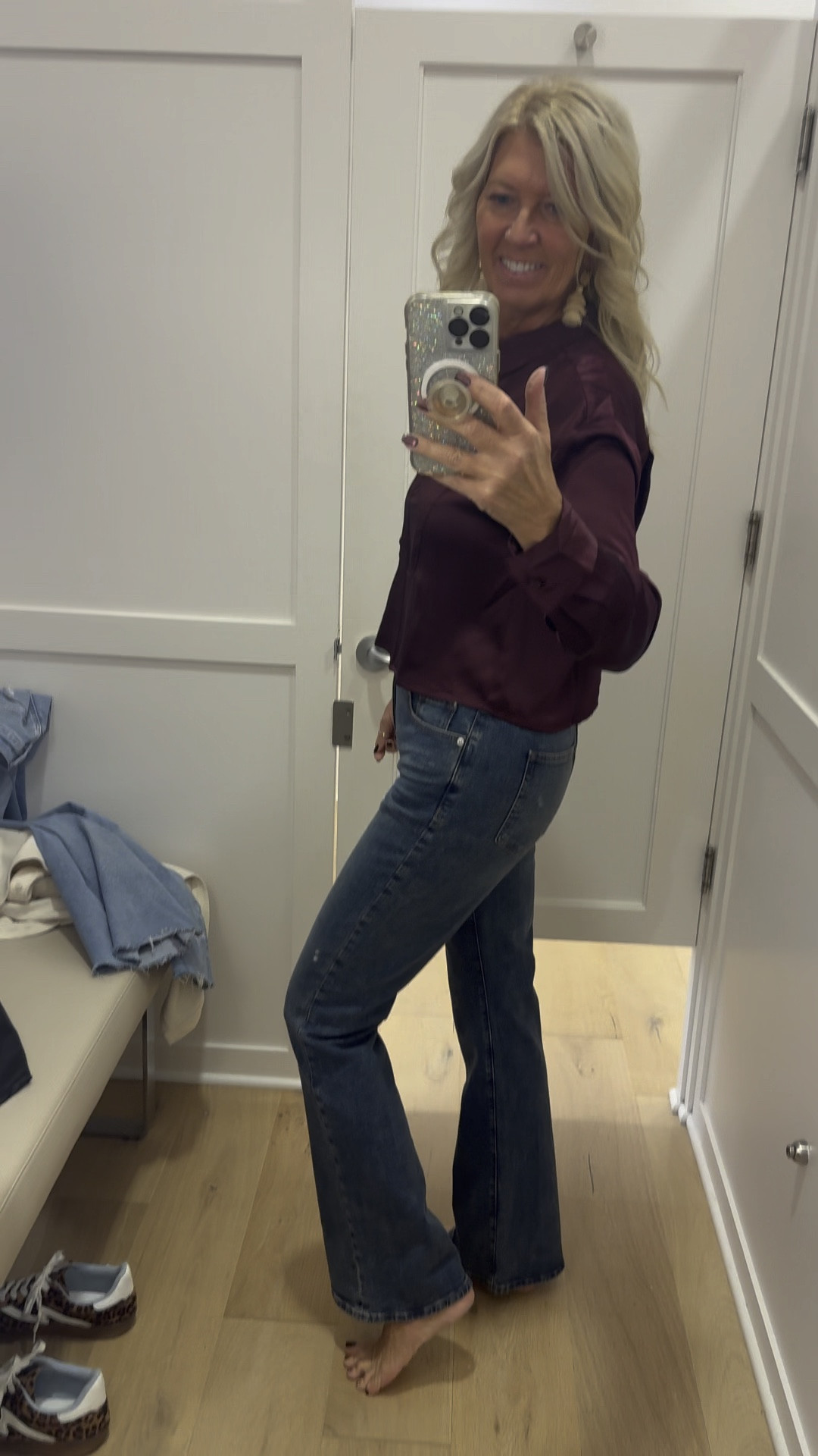 Loving  these high rise flare denim and they have stretch. Paired with this satin cropped button-down shirt. 
Is the perfect Thanksgiving outfit or family photos.both run TTS. I’m wearing a small and the top and a size 4 in the denim. 
And they’re long enough for me. I’m 5’9. 


#LTKOver40 #LTKFindsUnder50 #LTKSaleAlert
