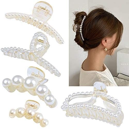 DEEKA 5 Pcs Large Pearl Hair Claw Clips White Black Hair Clips Thick Long Hair Jaw Clips Barrette... | Amazon (US)