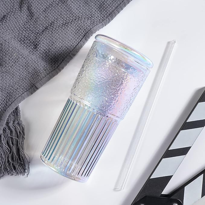 Cosnou High Borosilicate Glass Cups With Lids and Glass Straws，20 OZ Rainbow Iced Coffee Water ... | Amazon (US)