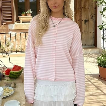 Muineobuka Womens Striped Cardigan Sweater Casual Crew Neck Open Front Button Down Long Sleeve Kn... | Amazon (US)