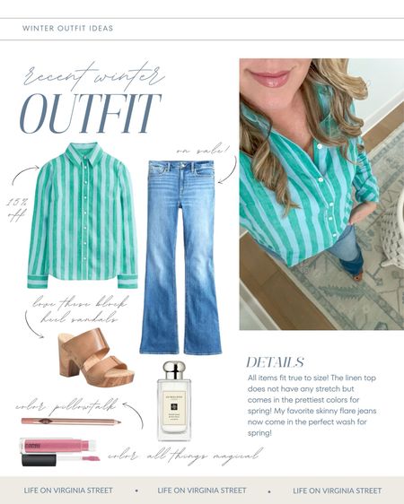 Details on a recent outfit! Includes a blue and green striped linen top, my favorite skinny flare jeans in a lighter wash, leather block heel sandals, and my favorite lip gloss (wearing All Things Magical but also love Love Child). Several are on sale right now!
.
#ltkseasonal #ltkover40 #ltkmidsize #ltkfindsunder100 #ltkbeauty #ltkfindsunder50 #ltkshoecrush #ltkhome

#LTKfindsunder100 #LTKsalealert #LTKbeauty