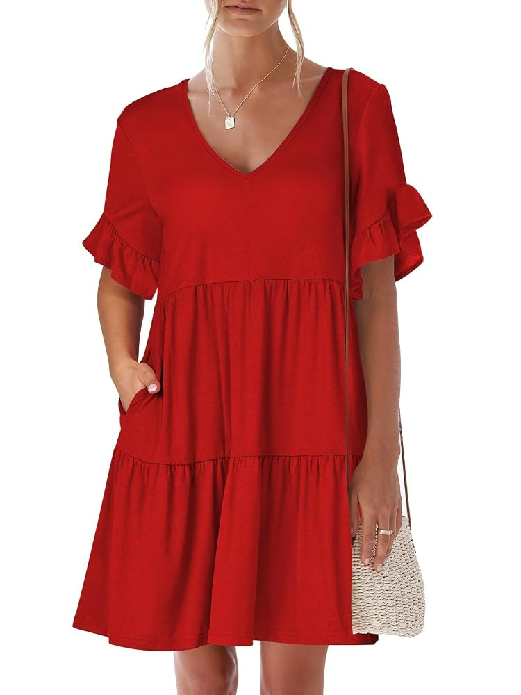 ANRABESS Dresses for Women Summer 2025 V Neck Ruffle Sleeve A Line Tiered Flowy Casual Trendy Min... | Amazon (US)