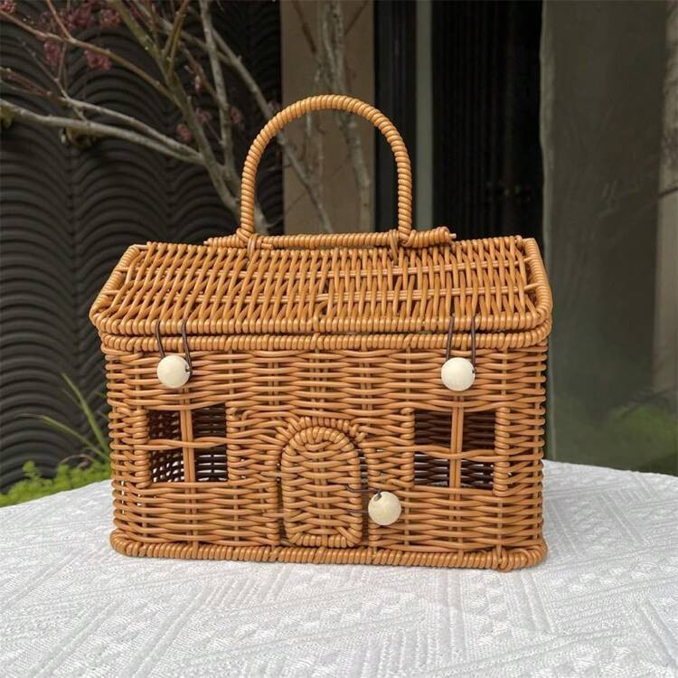 Rattan House Shape Storage Basket With Lid, Small Doll House, Decorative Hand Woven Shelf Organizer With Handle, Natural Harvest Wicker Basket For Picnics, Organizing, Storage (B, 1),8340634 | SHEIN