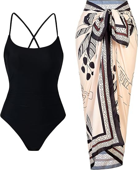 Women’s One Piece Swimsuit with Skirt Retro Crisscross Back Bathing Suit Set with Wrap Cover Up | Amazon (US)