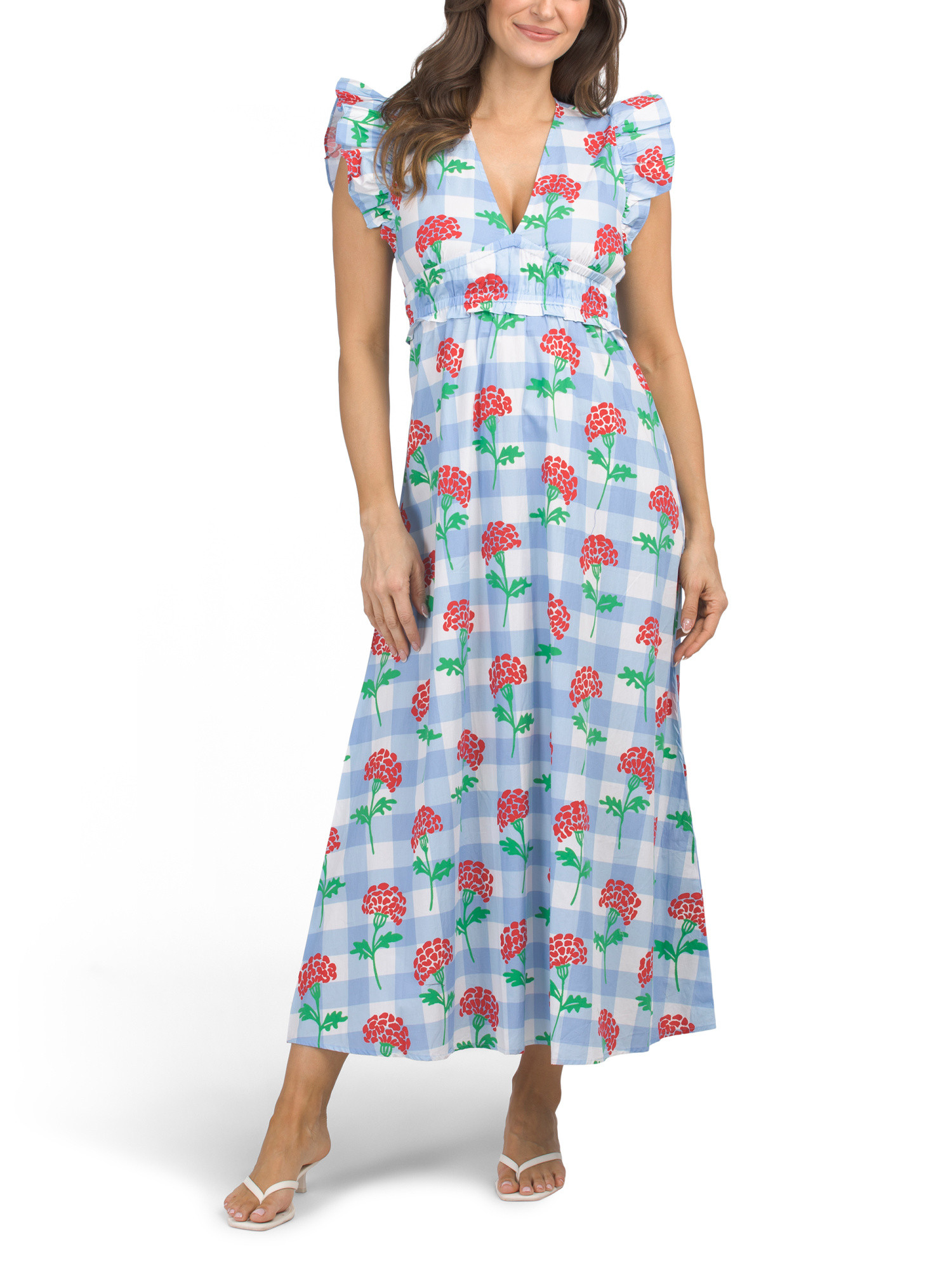 V-neck Flutter Sleeve Maxi Dress With Gingham Patten And Floral Print | Casual Dresses  | Marshal... | Marshalls