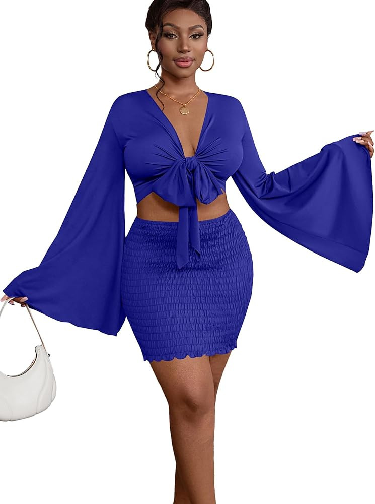 LYANER Women 2 Piece Vacation Outfits Tie Knot Front Bell Long Sleeve Crop Top and Mini Skirt Sum... | Amazon (US)
