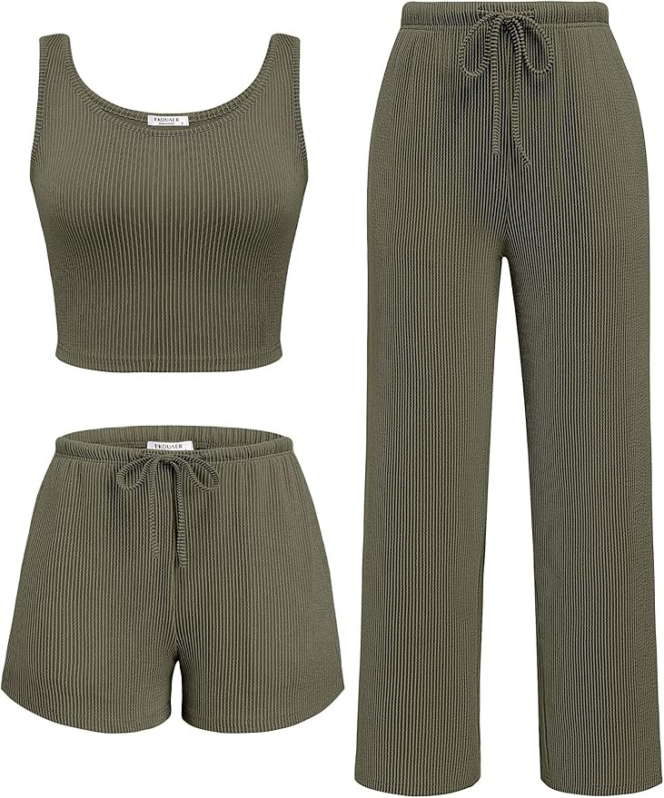 Ekouaer Women's 3 Piece Lounge Set Soft Twisted Rib Knit Summer Vacation Outfits Crop Top Shorts ... | Amazon (US)