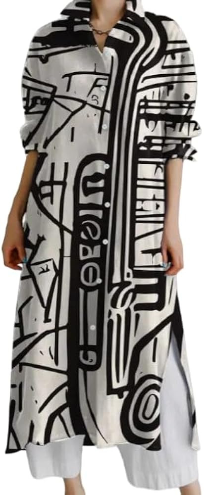 Women's Boho Floral Print Lapel Maxi Dress Button Down Long Sleeve Side Slits Vintage Casual Over... | Amazon (US)