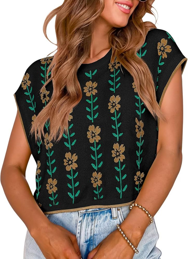 Saodimallsu Womens Cap Sleeve Crop Tops Summer Color Block Going Out Crew Neck Knit Trendy Casual... | Amazon (US)