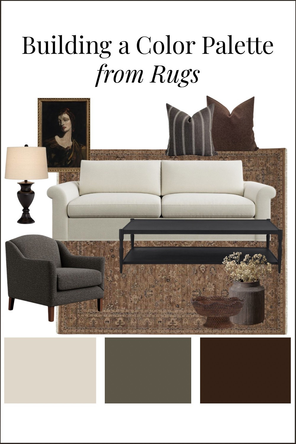 Modern traditional living room mood board with a color scheme created from a rug.

pottery barn sofa, charcoal gray accent chair, black coffee table, vintage art print portrait, gray and brown color palette 

#LTKHome #LTKStyleTip #LTKFindsUnder50